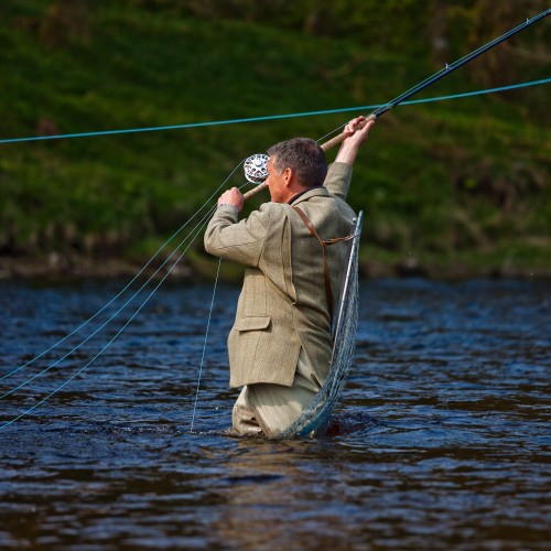 Professional Scottish photographer Louise Bellin took this perfectly times Spey casting shot which she captured at the lovely Meetings Pool on the Kinnaird Beat Near Pitlochry. This section of the cast is known as 'The Swing' where your carefully lifted taut fly line comes smoothly around to form an upstream 'Anchor Point' before being represented across the river via 'The Powerstroke'.