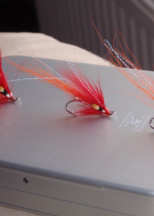 Here's my own Jock's Shrimp salmon fly tied in 3 different dressing densities. I'm not keen on the heavily dressed version to the left but the other 2 look about right with the middle fly for regular medium water level fishing and the right hand fly for lower water levels.