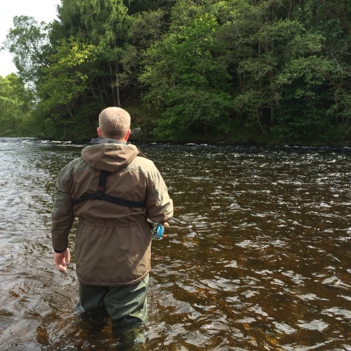 This guided salmon fishing guest was photographed as he was approaching the Rock Pool neck on the Lower Tummel salmon beat of the River Tummel near Moulinearn. Look at the perfect streamy fly water here which merges into the deeper salmon holding water in front of the trees.