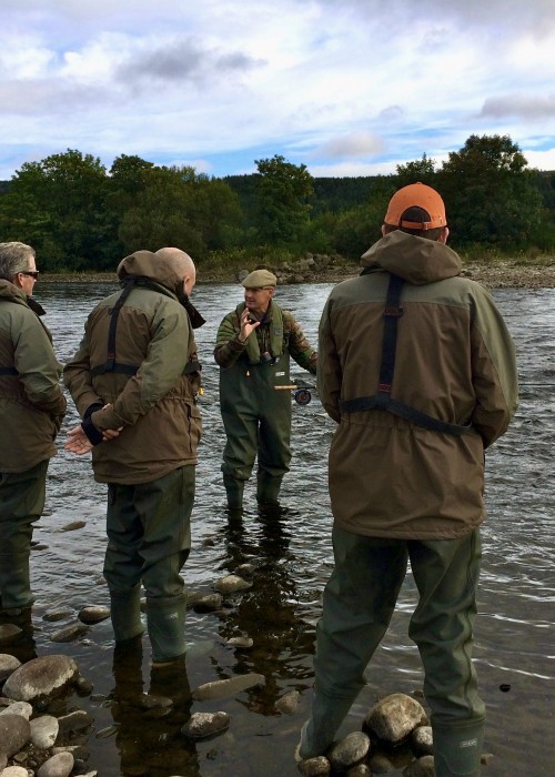 Here's 4 new salmon fishers being taught at the Mike's Run salmon pool on the River Tummel near Ballinluig in Perthshire. A guided salmon fishing day always commences with a refresher or crash course in Spey casting techniques and other important salmon fishing skills.