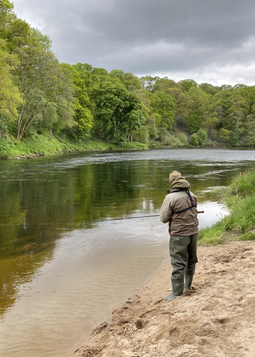 Here's 2 River Tay salmon fishers spin fishing their lures across the Rock Pool on the Kinnaird Beat which is a very good pool for this Tay salmon fishing tactic. This is a deep salmon holding pool and you can see the way the deep water commences at the edge of the underwater sand bar.