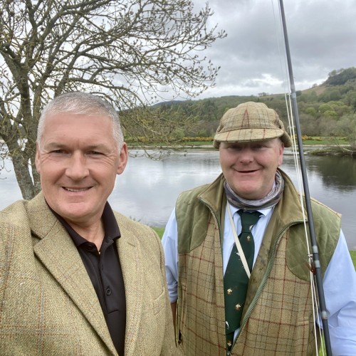 Here's a riverside shot taken in front of the Lower Kinnaird Beat salmon fishing hut of the Lower Kinnaird Head Ghillie Martin Edgar and myself. Martin and I have worked together for over 20 years on 2 beats of the River Tay upstream & downstream of Dunkeld Bridge.