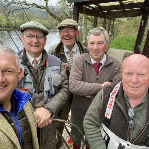 Here's myself with a few fellow salmon guides on the River Tay in front of the Upper Kinnaird fishing hut. From left to right; Myself, Kenny Carr, Andy Pelc, Jim Lamb & Brian Fraser. All are top blokes and salmon fishing guides.