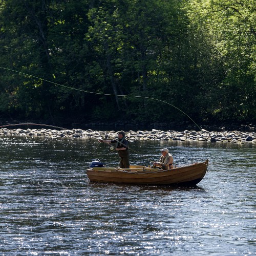 This traditional River Tay salmon fishing boat is anchored up in the Dunkeld House Cathedral Stream slightly upstream of the landmark Telford Bridge in Dunkeld. You can see the guest casting a fly and while this is done the boatman lets out a yard of rope between each cast which is how the pool is covered.