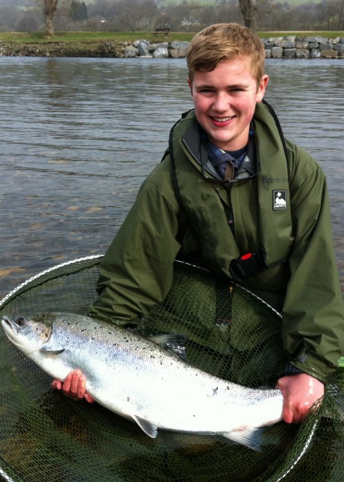 Here's young Robbie Fairfull (12) with his first of 2 perfect 20lbs River Tay Spring salmon which he caught on the Kinnaird Beat in rapid succession of one another on the last day of March.