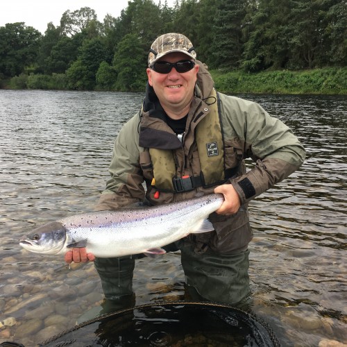This guest caught this perfect River Tay salmon with his very first cast of the fishing day near Murthly. As you can see that a life jacket & eye protection are mandatory with all of our guided fishing guests in addition to salmon!