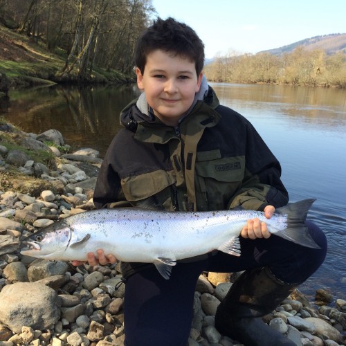 Here's Johnny Monteith with a fresh run 10lbs Spring salmon caught during April at the little burn at the Green Bank Pool on the Upper Kinnaird salmon fishing beat near Dunkeld.