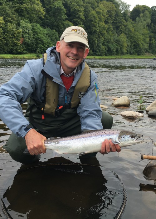 Here's big George Clarke from Washington DC holding one of 5 perfect fresh run salmon he caught that morning near Stanley on the River Tay in July. While we were starting I gave George a refresher on the Spey cast and while doing so the first fish of the day was hooked!