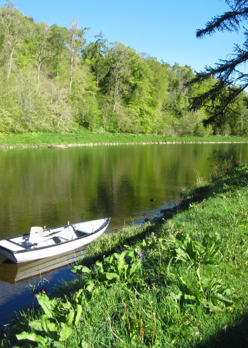 Most top level River Spey fly fishing beats have a few boats located at various salmon pools so they can row the salmon fishing guests across to the other riverbank. Here's one of the Tulchan Beat boats that's there for that very task in addition to sometimes being used as a casting platform for fly fishing guests.