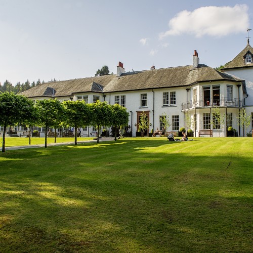 Here's the front elevation of the beautiful Dunkeld House Hotel which is positioned on the riverbanks of the River Tay in Perthshire. Look at the perfectly cut lawns and trees which are indicative of high operating standards in this lovely Dunkeld area hotel.