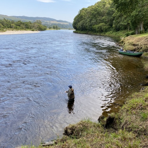 This is the right hand bank of a River Tay salmon pool with a lone angler out searching for some sub-surface cooperation with their fly rod. This is a particularly beautiful area of the River Tay Valley between Dunkeld & Pitlochry.